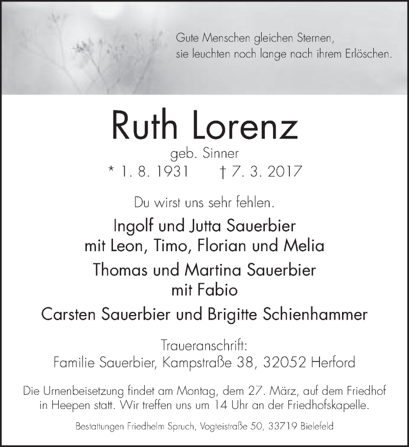  Traueranzeige für Ruth Lorenz vom 18.03.2017 aus Neue Westfälische