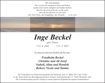 Traueranzeige von Inge Beckel von Neue Westfälische