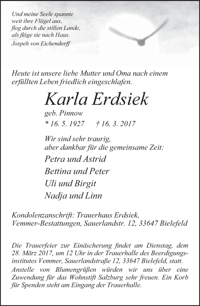  Traueranzeige für Karla Erdsiek vom 25.03.2017 aus Neue Westfälische