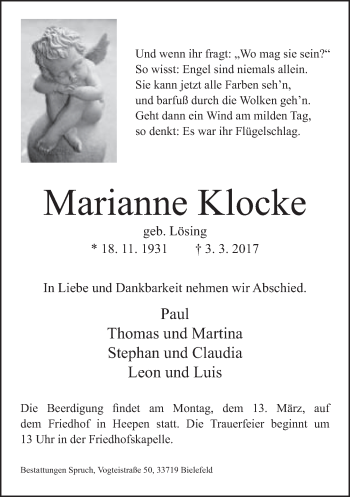Traueranzeige von Marianne Klocke von Neue Westfälische
