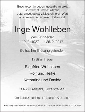 Traueranzeige von Inge Wohlleben von Neue Westfälische