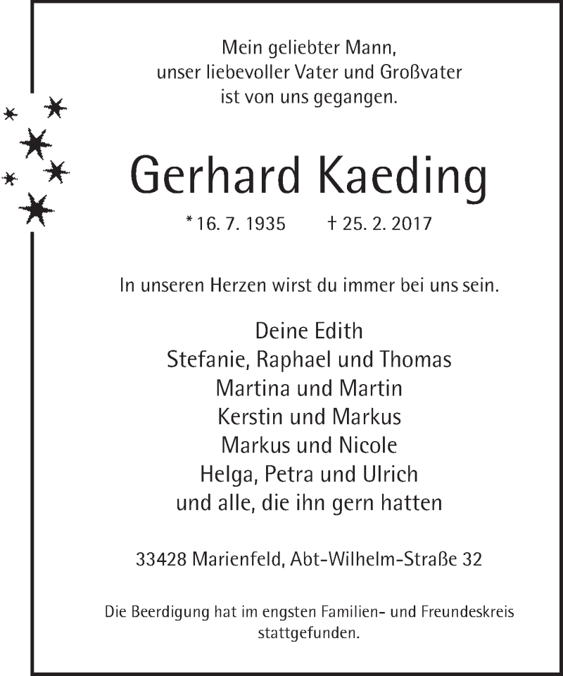  Traueranzeige für Gerhard Kaeding vom 10.03.2017 aus Neue Westfälische