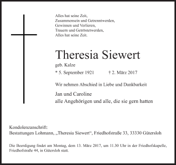 Traueranzeige von Theresia Siewert von Neue Westfälische