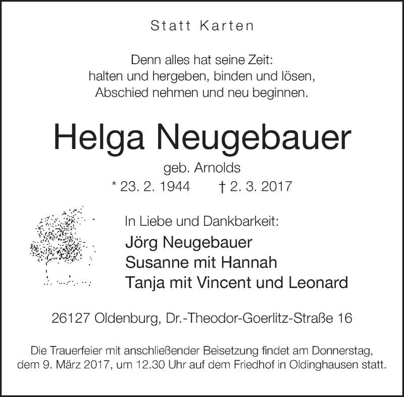  Traueranzeige für Helga Neugebauer vom 08.03.2017 aus Neue Westfälische