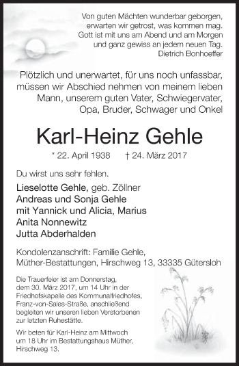 Traueranzeige von Karl-Heinz Gehle von Neue Westfälische