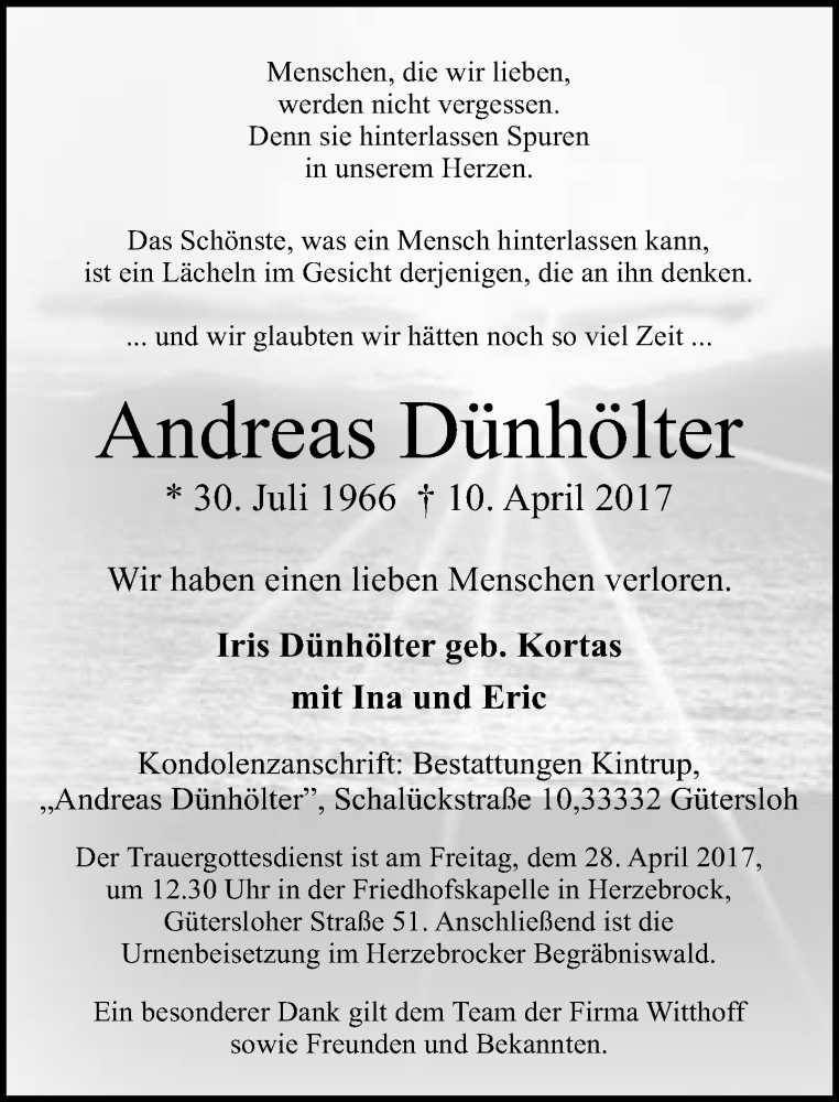  Traueranzeige für Andreas Dünhölter vom 14.04.2017 aus Neue Westfälische