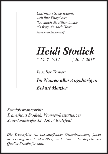 Traueranzeige von Heidi Stodiek von Neue Westfälische