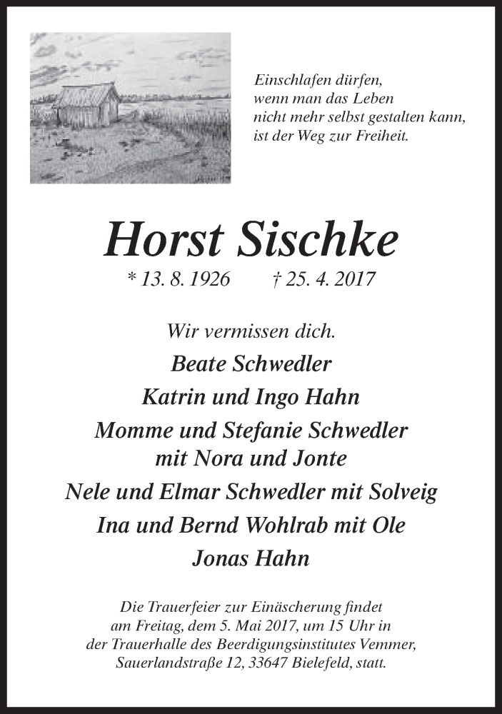  Traueranzeige für Horst Sischke vom 29.04.2017 aus Neue Westfälische