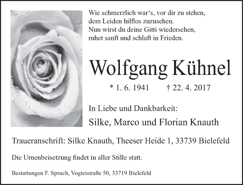  Traueranzeige für Wolfgang Kühnel vom 25.04.2017 aus Neue Westfälische