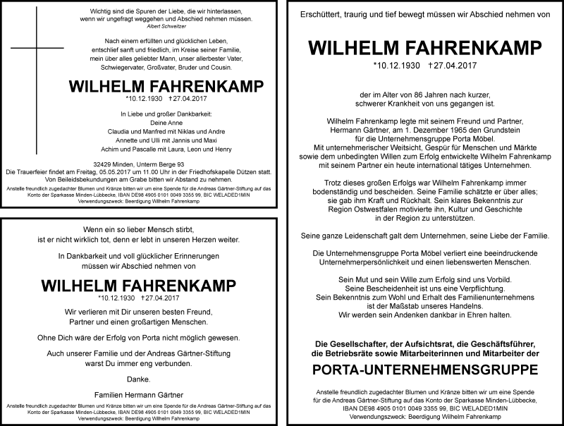  Traueranzeige für Wilhelm Fahrenkamp vom 29.04.2017 aus Neue Westfälische