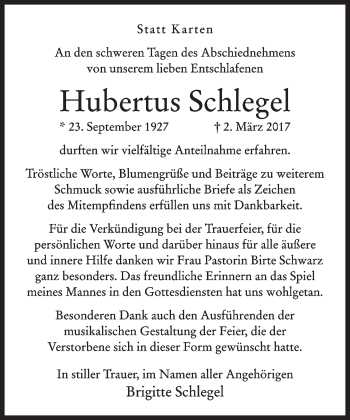 Traueranzeige von Hubertus Schlegel von Neue Westfälische
