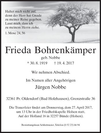 Traueranzeige von Frieda Bohrenkämper von Neue Westfälische