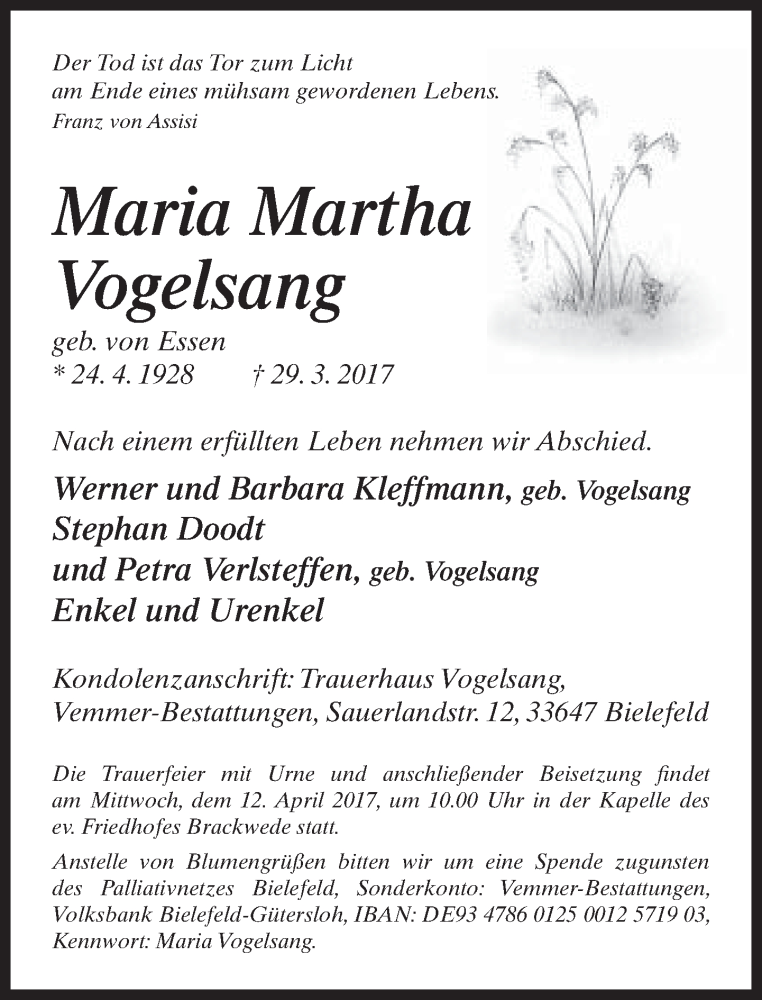  Traueranzeige für Maria Martha Vogelsang vom 08.04.2017 aus Neue Westfälische