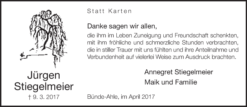 Traueranzeige für Jürgen Stiegelmeier vom 14.04.2017 aus Neue Westfälische