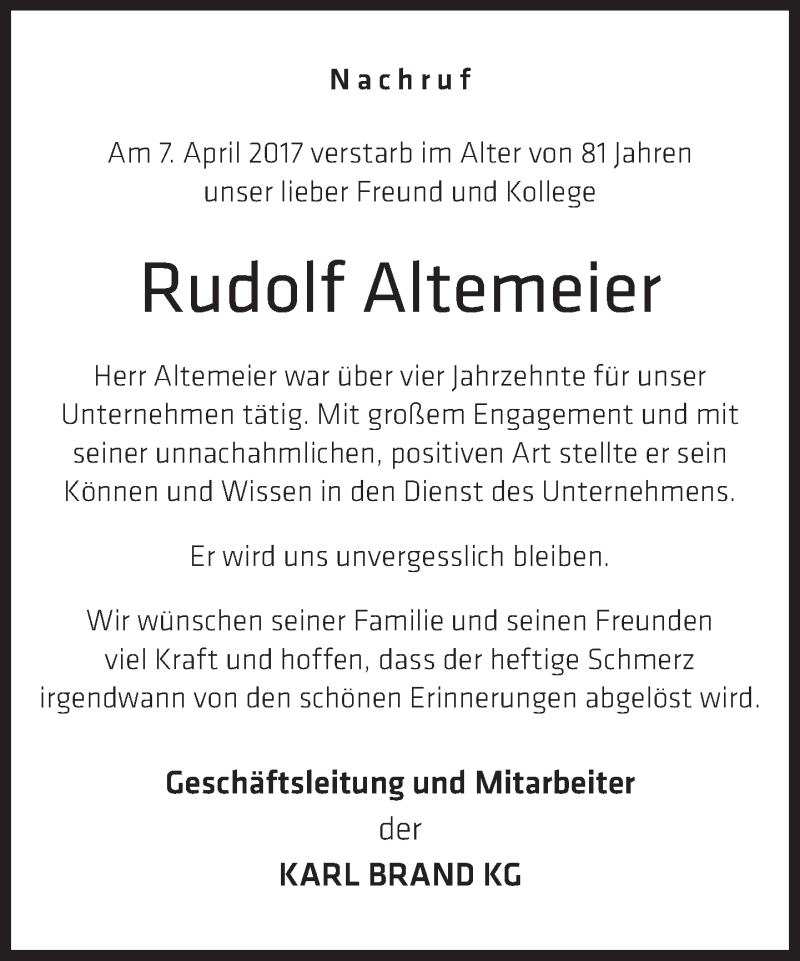  Traueranzeige für Rudolf Altemeier vom 18.04.2017 aus Neue Westfälische