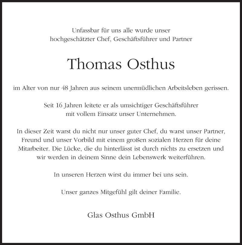  Traueranzeige für Thomas Osthus vom 29.04.2017 aus Neue Westfälische