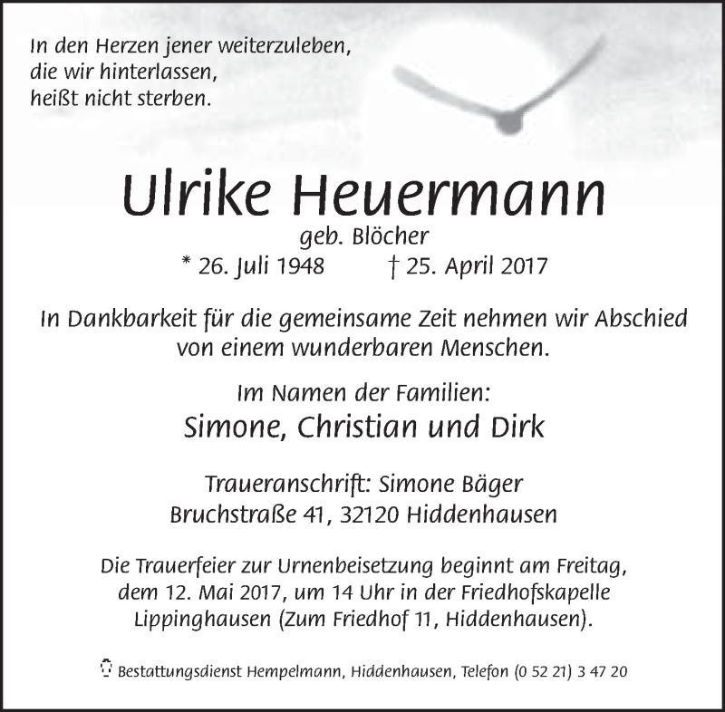  Traueranzeige für Ulrike Heuermann vom 29.04.2017 aus Neue Westfälische