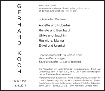 Traueranzeige von Gerhard Koch von Neue Westfälische