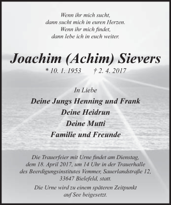Traueranzeige von Joachim Sievers von Neue Westfälische