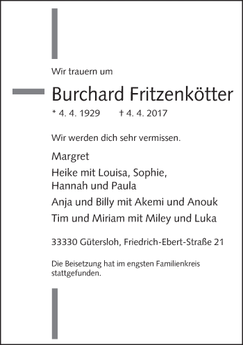 Traueranzeige von Burchard Fritzenkötter von Neue Westfälische