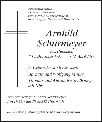 Traueranzeige von Arnhild Schürmeyer von Neue Westfälische