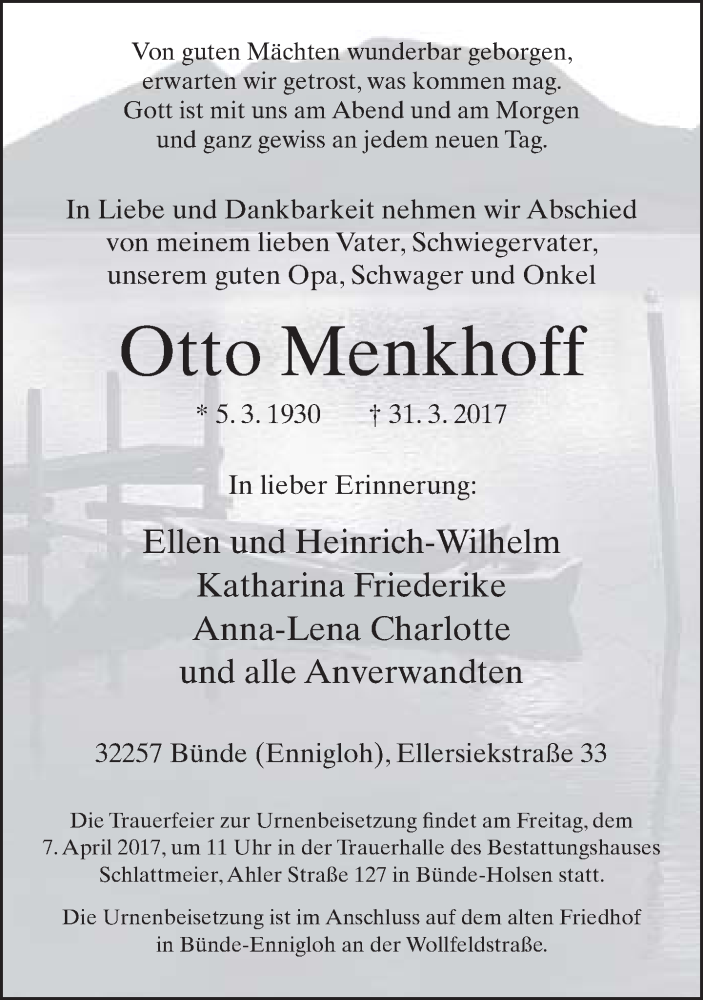  Traueranzeige für Otto Menkhoff vom 01.04.2017 aus Neue Westfälische