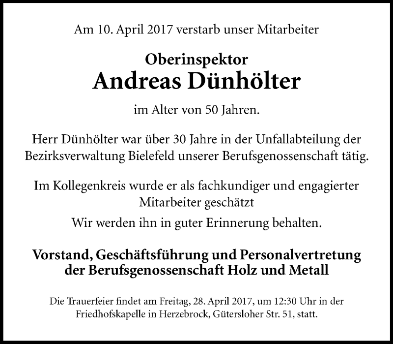  Traueranzeige für Andreas Dünhölter vom 26.04.2017 aus Neue Westfälische