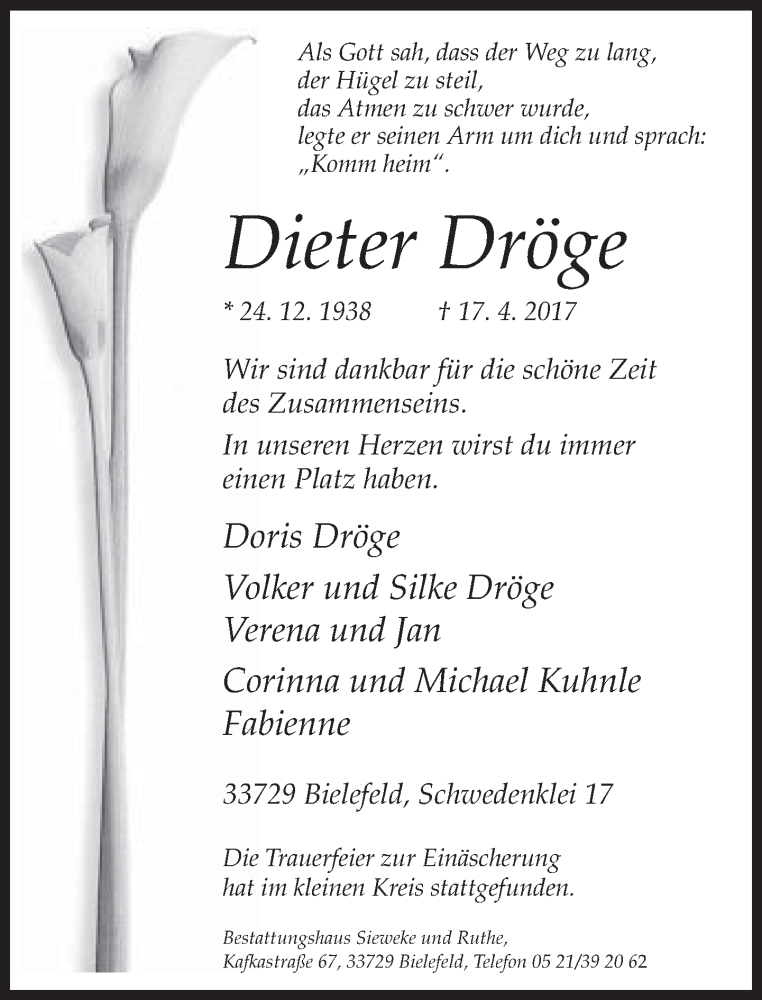  Traueranzeige für Dieter Dröge vom 29.04.2017 aus Neue Westfälische