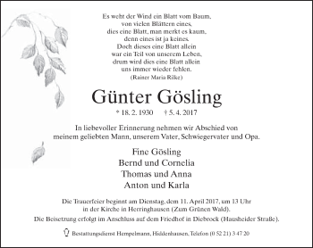 Traueranzeige von Günter Gösling von Neue Westfälische