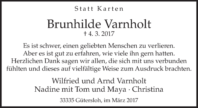  Traueranzeige für Brunhilde Varnholt vom 05.04.2017 aus Neue Westfälische
