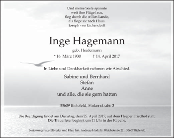 Traueranzeige von Inge Hagemann von Neue Westfälische