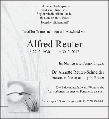 Traueranzeige von Alfred Reuter von Neue Westfälische