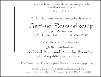 Traueranzeige von Gertrud Rammelkamp von Neue Westfälische