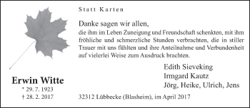 Traueranzeige von Erwin Witte von Neue Westfälische