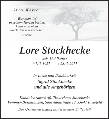 Traueranzeige von Lore Stockhecke von Neue Westfälische