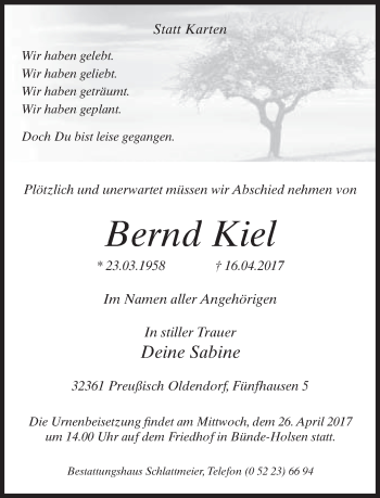 Traueranzeige von Bernd Kiel von Neue Westfälische