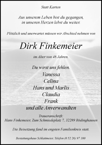 Traueranzeige von Dirk Finkemeier von Neue Westfälische