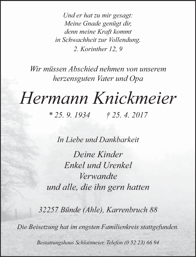  Traueranzeige für Hermann Knickmeier vom 29.04.2017 aus Neue Westfälische