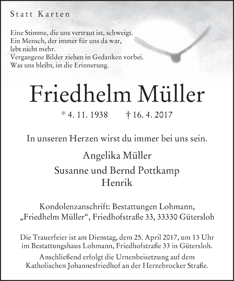  Traueranzeige für Friedhelm Müller vom 20.04.2017 aus Neue Westfälische