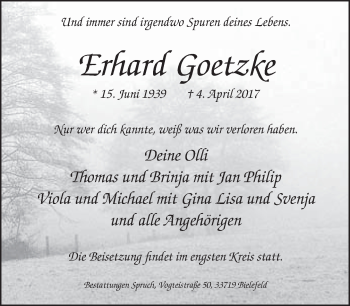 Traueranzeige von Erhard Goetzke von Neue Westfälische