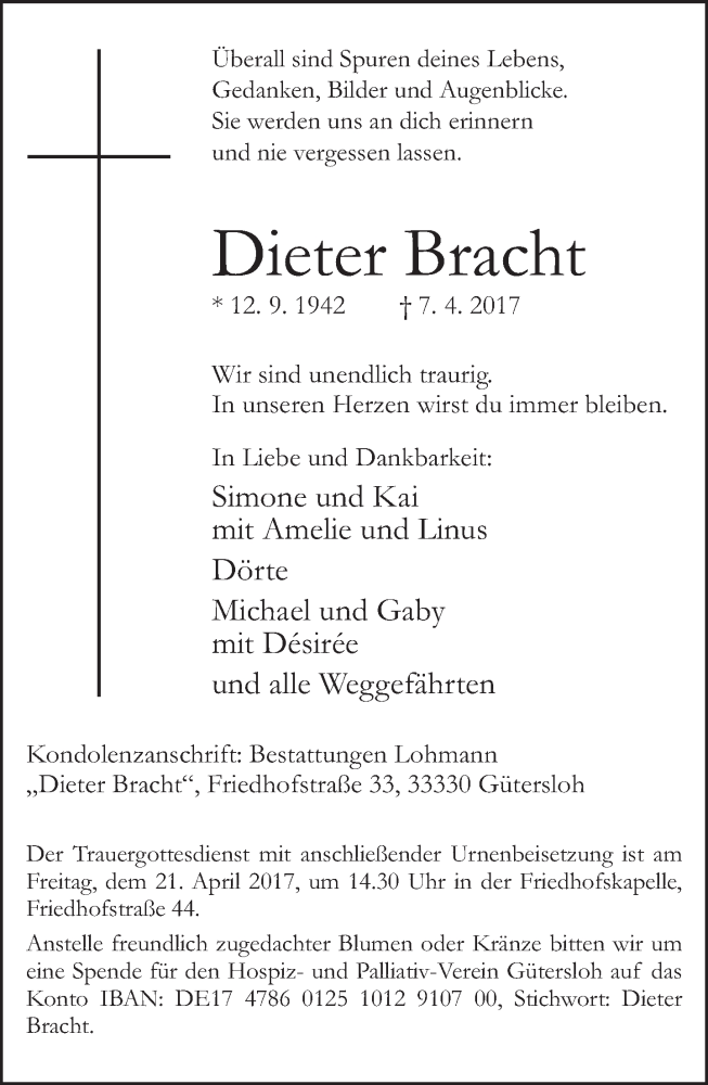  Traueranzeige für Dieter Bracht vom 14.04.2017 aus Neue Westfälische