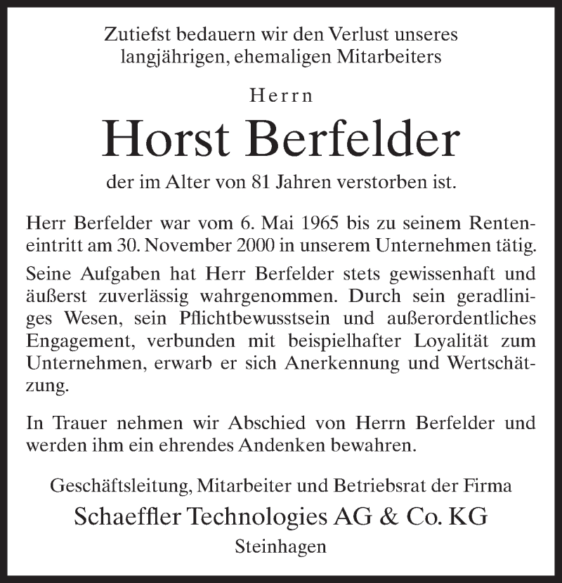  Traueranzeige für Horst Berfelder vom 26.04.2017 aus Neue Westfälische