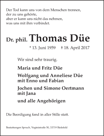 Traueranzeige von Thomas Düe von Neue Westfälische