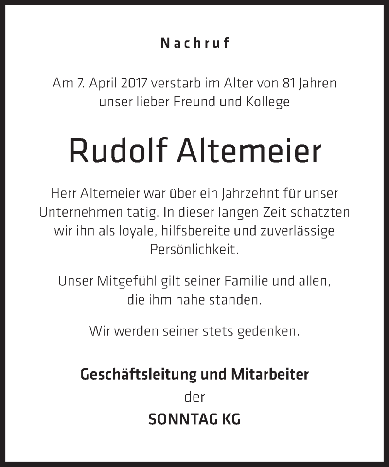  Traueranzeige für Rudolf Altemeier vom 18.04.2017 aus Neue Westfälische