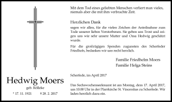 Traueranzeige von Hedwig Moers von Neue Westfälische