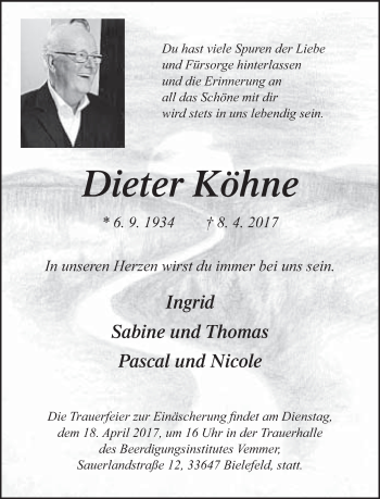 Traueranzeige von Dieter Köhne von Neue Westfälische