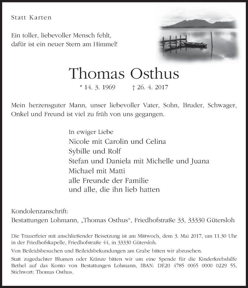  Traueranzeige für Thomas Osthus vom 29.04.2017 aus Neue Westfälische