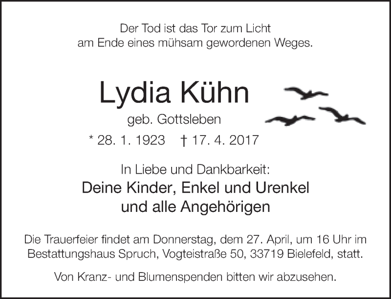  Traueranzeige für Lydia Kühn vom 22.04.2017 aus Neue Westfälische