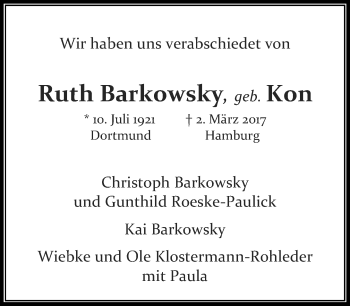 Traueranzeige von Ruth Barkowsky von Neue Westfälische