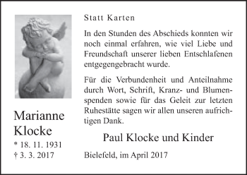 Traueranzeige von Marianne Klocke von Neue Westfälische